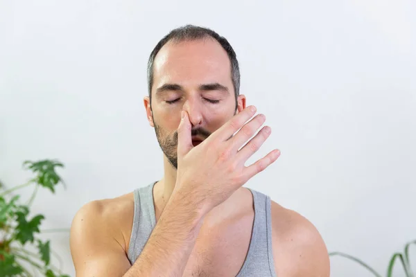 Man Doing Breathing Exercises — Stok fotoğraf