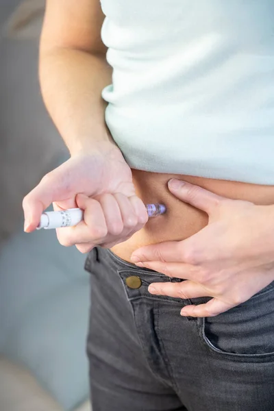 Close Woman Hands Stomach Giving Herself Insulin Injection — Fotografia de Stock