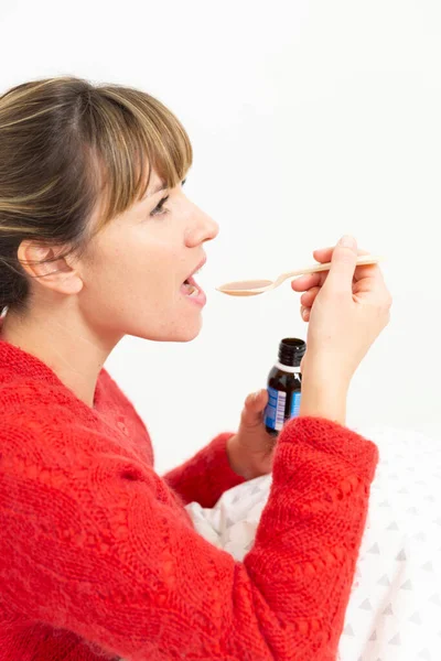 Young Woman Bed Suffering Cold Cough Syrup — Stock Photo, Image