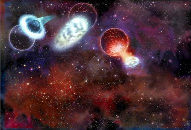 Moon (formation), stage 1 to 3: collision of planets, fusion of nuclei and collection of debris.