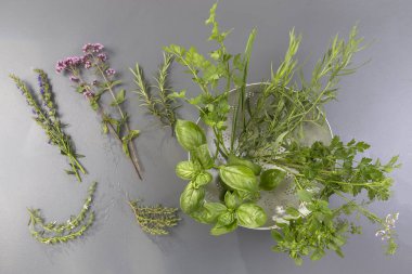 Aromatic herbs and spices from garden, healthy cooking from above