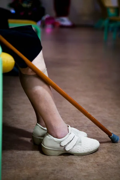Elderly Person Sitting Chair His Cane — Foto Stock