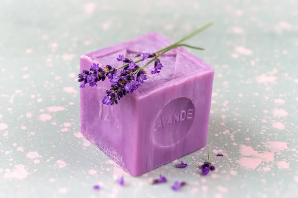 Close Organic Lavender Soap Lavender Lying Table — Stock Fotó