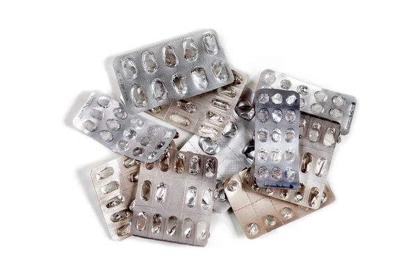 Empty Blister Packs Drugs Top View White Background Cutout — Stockfoto