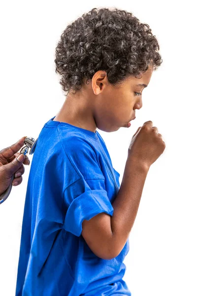 Little Boy Coughing White Background Listening Lungs Heartof Child — Zdjęcie stockowe
