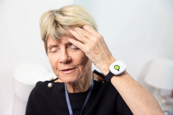 Elderly Woman Medical Alert System Her Wrist — Zdjęcie stockowe
