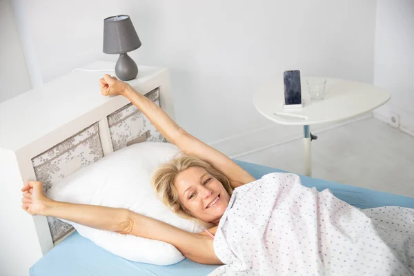 Woman Waking Her Bed Stretching —  Fotos de Stock