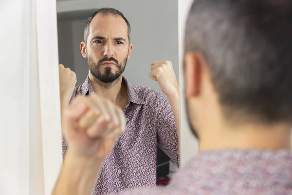 Man Looking Mirror Give Him Self Confidence — Stockfoto