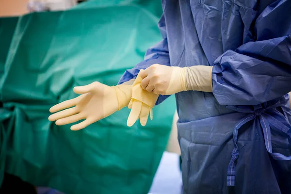 Nurse Puts Her Gloves Operating Room Hospital — Fotografia de Stock