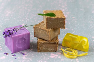 Organic lavender soaps close-up white background of Aleppo, lavender and lemon