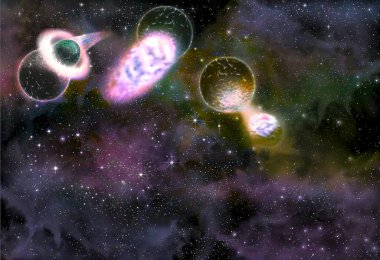 Moon (formation), stage 1 to 3: collision of planets, fusion of nuclei and collection of debris.