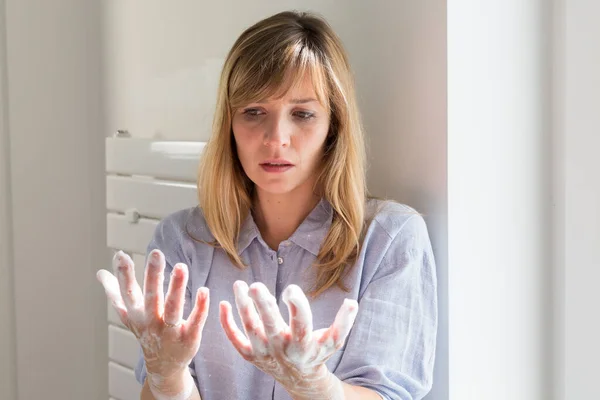 Woman Suffering Contamination Ocd Obsessive Hand Washing — Fotografia de Stock