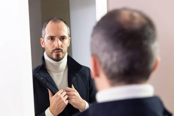 Man Looking Himself Mirror Self Confidence — Stock Fotó