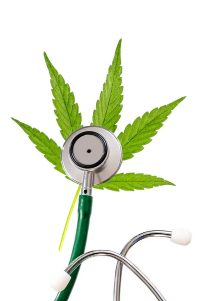 Close Stethoscope Lying Cannabis Leaf Isolated White Background — 스톡 사진