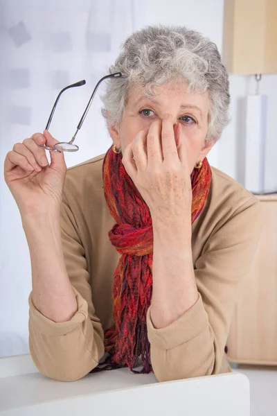 Eyestrain Senior Woman Close — Stock Photo, Image