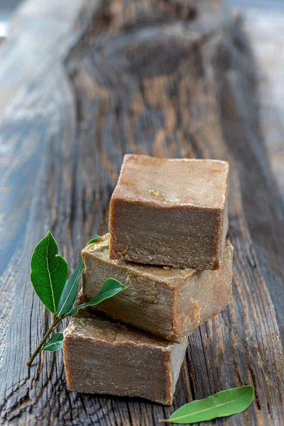 Close Trio Dalep Soaps Stacked Top Wooden Board — Stock Photo, Image