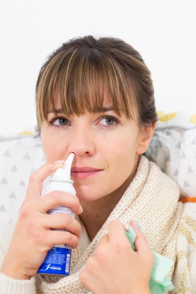 Young Woman Bed Suffering Cold Nasal Spray — Zdjęcie stockowe