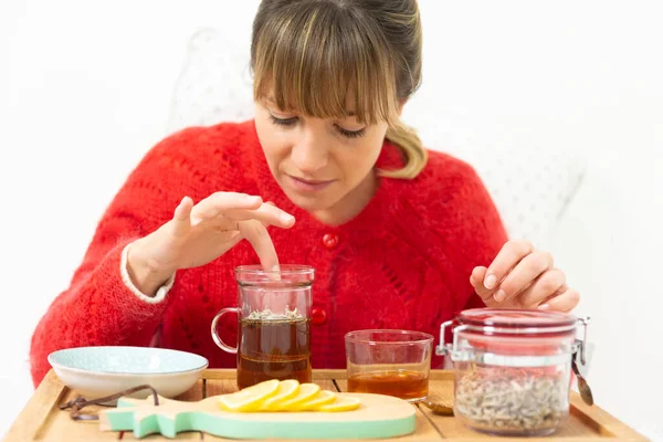 Young Woman Bed Honey Herbal Tea Sliced Lemon —  Fotos de Stock