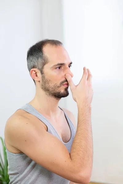 Man Doing Breathing Exercises — Stok fotoğraf