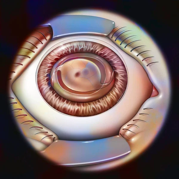 Глаз Катаракта Факоэмульсия Шаг Имплантат Находится Капсульной Сумке — стоковое фото