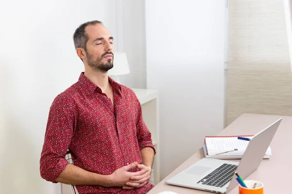 Man His Desk Meditating — Zdjęcie stockowe