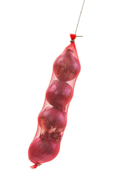 Red Onion Hanging Packed Red Net Bag White — Stock Photo, Image
