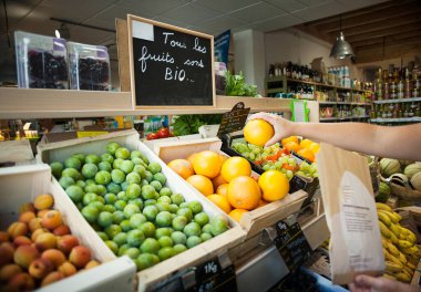 Organic fruits and vegetables in an organic store.