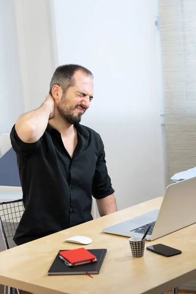 Man His Desk Neck Pain — Stock Photo, Image