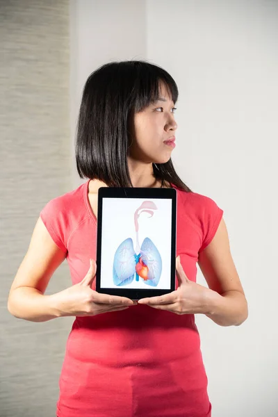 Woman Holding Screen Drawing Heart Lungs — Stock fotografie
