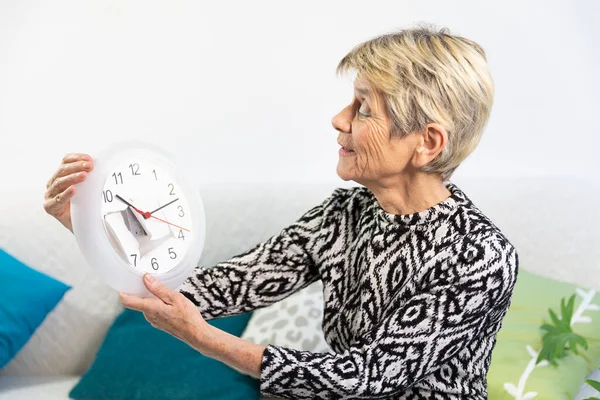 Elderly Woman Clock Worn Time — Foto de Stock