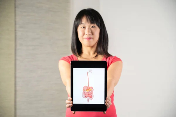 Woman Holding Screen Drawing Digestive Tract — Foto de Stock