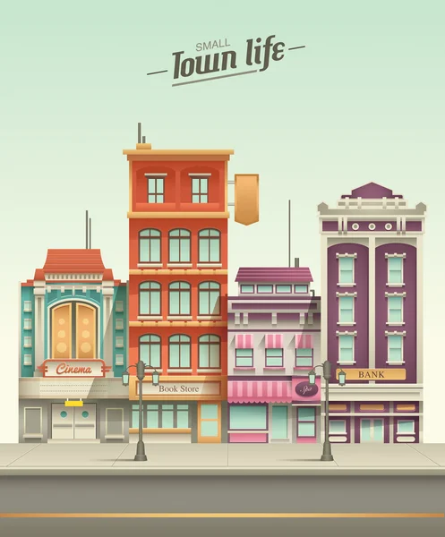 Vista de la calle de la ciudad pequeña con colores retro — Vector de stock
