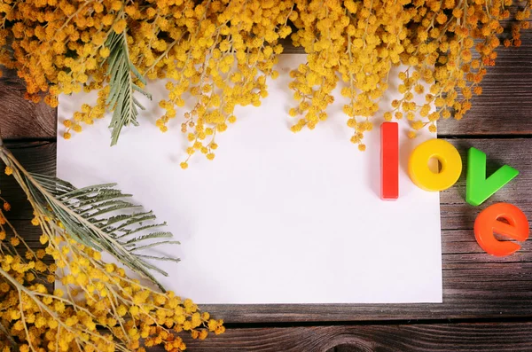 Mimosa amarilla sobre tablas de madera — Foto de Stock