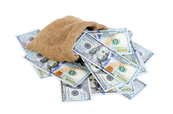 Billetes de dólar en un saco aislado — Foto de Stock