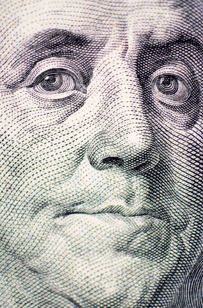 O rosto de Franklin a nota de dólar macro — Fotografia de Stock