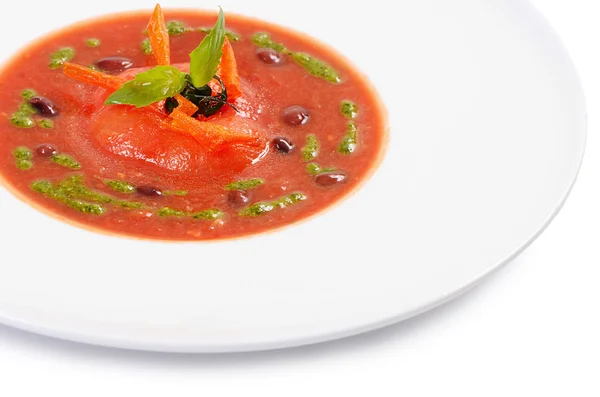 Soup from baked tomatoes with pesto — Stock Photo, Image