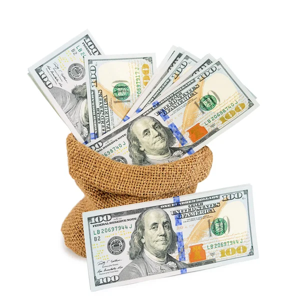 Uang kertas dolar dalam karung yang terisolasi — Stok Foto