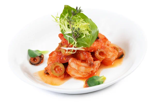Shrimps in tomato sauce with olives — Stock Photo, Image