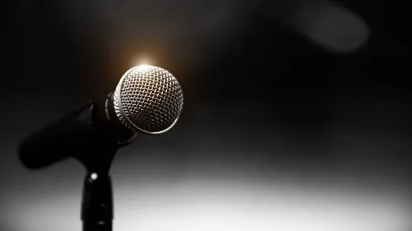 Publiczne Wystąpienie Tle Close Mikrofon Stoisku Prezentacji Mowy Głośnik Wydajność — Zdjęcie stockowe