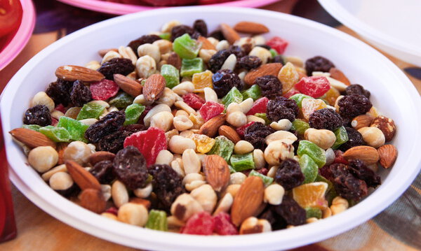 A mixture of nuts and dried fruits