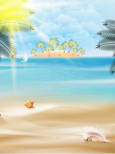 Beautiful seaside view on sunny day with sand. — Stock Vector