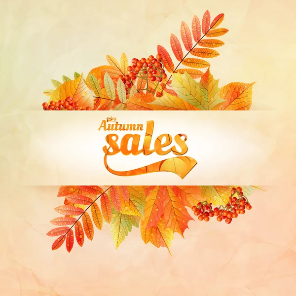 Autumn sale poster with leaves on a old paper — Stock Vector