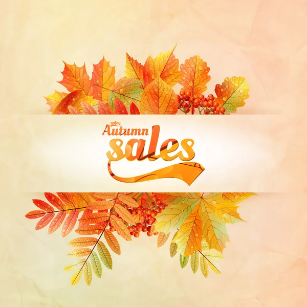Autumn sale poster with leaves on a old paper — Stock Vector