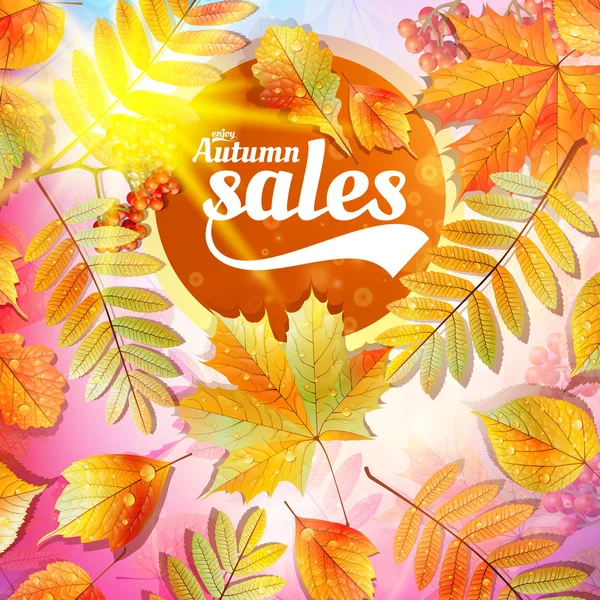 Autumn sale fall yellow leaves nature background. — Stock Vector