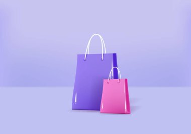 Mavi arka planda 3 boyutlu kağıt poşetler. İnternetten alışveriş konsepti. 3d resimleme.