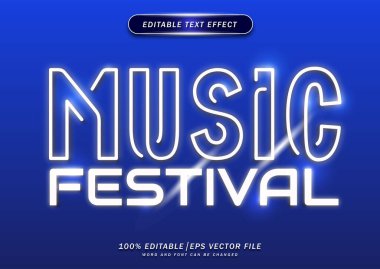 Müzik festivali metin efekti şablonu neon tarzında. Logolar, sosyal medya ve afişler için elverişli.