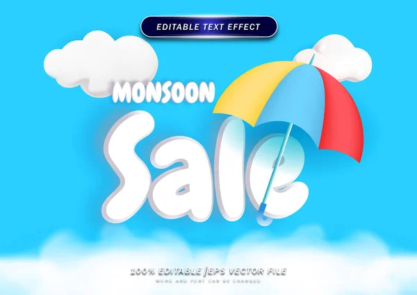 Monsoon Sale Editable Text Effect Background Rain Drop Umbrellas Seasonal — Stock Vector