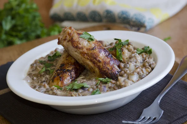 Sausages with lentils — Stock Photo, Image