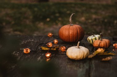 Sonbahar kompozisyonu. Balkabakları, çelenkler ve akçaağaç yaprakları dışarıdaki eski ahşap masada..