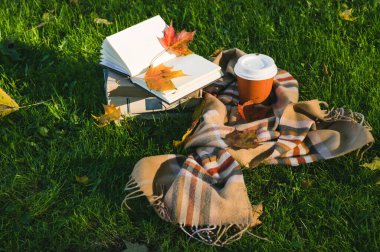 Parktaki yeşil çimlerde sonbahar kompozisyonu. Sıcak kahverengi eşarp. Turuncu karton kahve. Akçaağaç yaprakları. Boş sayfalar ile açılan not kağıdı.